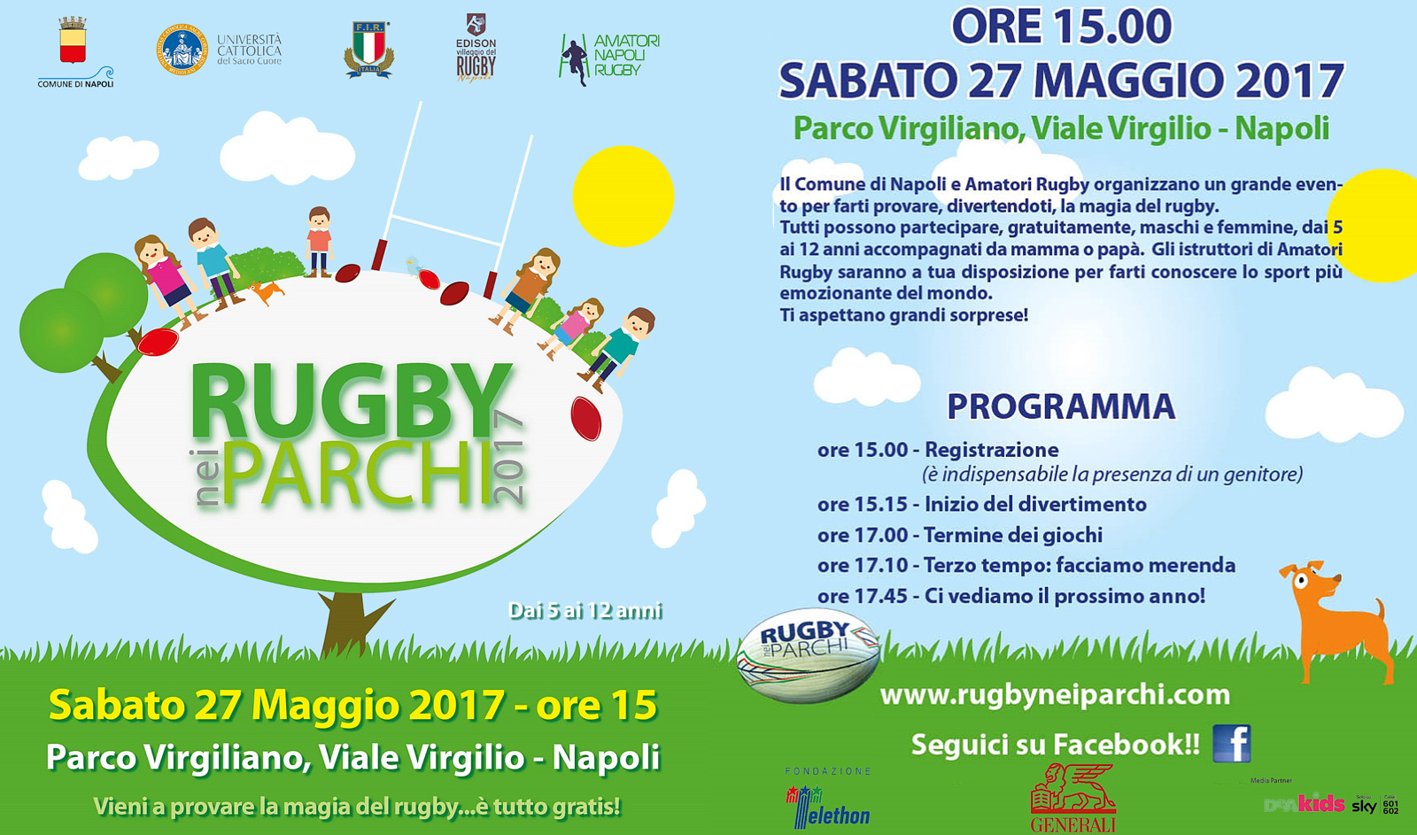 "Rugby nei Parchi" a Napoli: palla ovale e bambini, sabato 27 Maggio al Parco Virgiliano