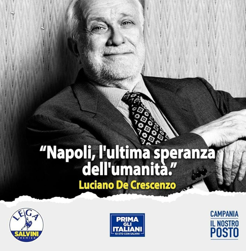 Compare post con Luciano De Crescenzo e il simbolo della Lega, bufera Giù le mani da Napoli