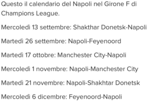 Napoli, Champions League: nel girone degli azzurri Feyenoord, Shakhtar Donetsk e Manchester City