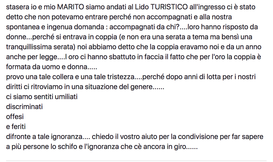 Bacoli, sicurezza del lido vieta ingresso a coppia gay: la denuncia, "discriminati". I gestori, "non è vero"