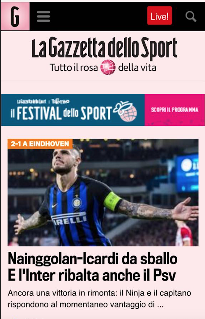 Il Napoli batte e surclassa il Liverpool ma la Gazzetta apre con la vittoria dell'Inter