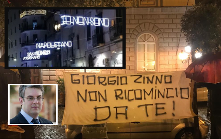 "Giorgio Zinno, non Ricomincio da Te", stricioni a San Giorgio contro la luminaria 'leghista' dedicata a Massimo Troisi
