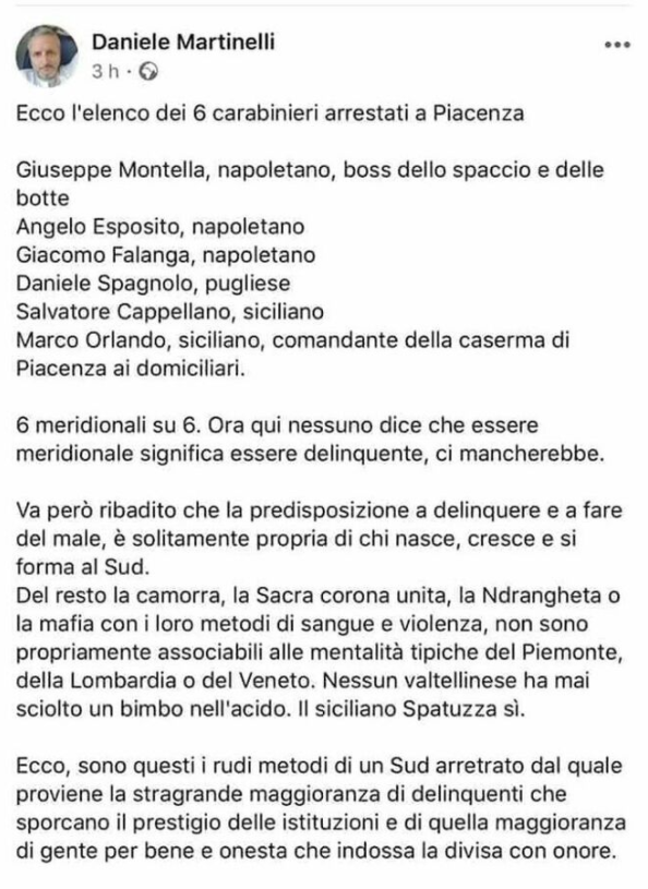 Del Meridione i carabinieri aguzzini, l'offesa del giornalista dal Nord: "Chi nasce al Sud predisposto a delinquere"