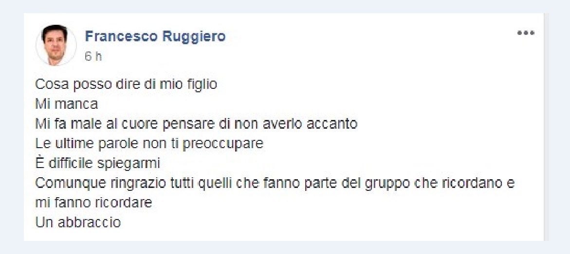 Vincenzo Ruggiero, il ricordo del padre Francesco sui social