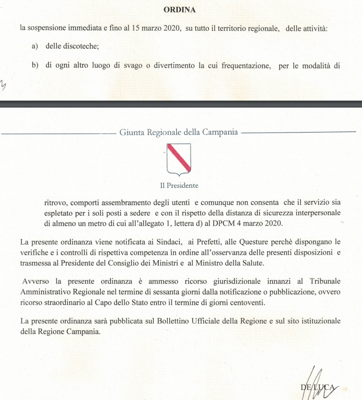 Coronavirus in Campania, la Regione ordina la sospensione di discoteche e luoghi di svago