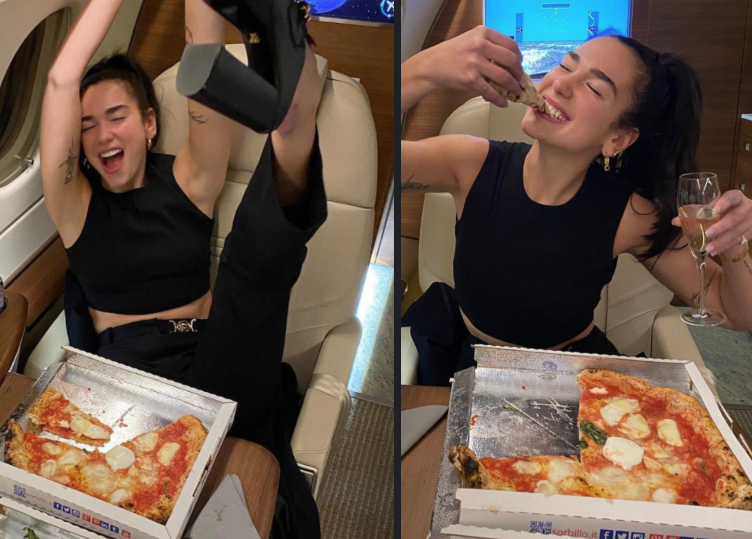 Pizza & champagne in areo, Dua Lipa pazza della Margherita napoletana: la foto fa il giro del mondo